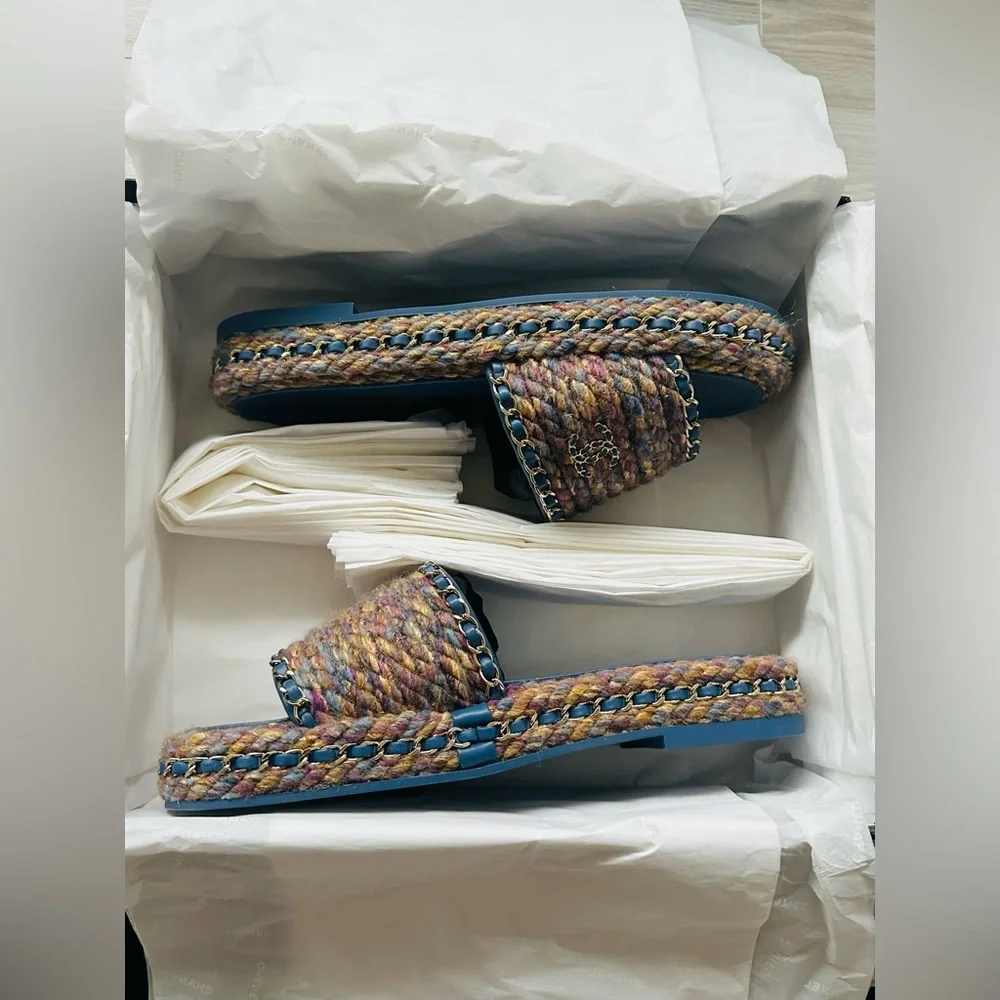Chanel multicolor blue purple tweed leather CC chain mules sandals NEW WITH BOX - Picture 6 of 11